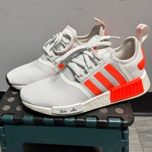 White mens adidas sneakers NMD size 7 orange